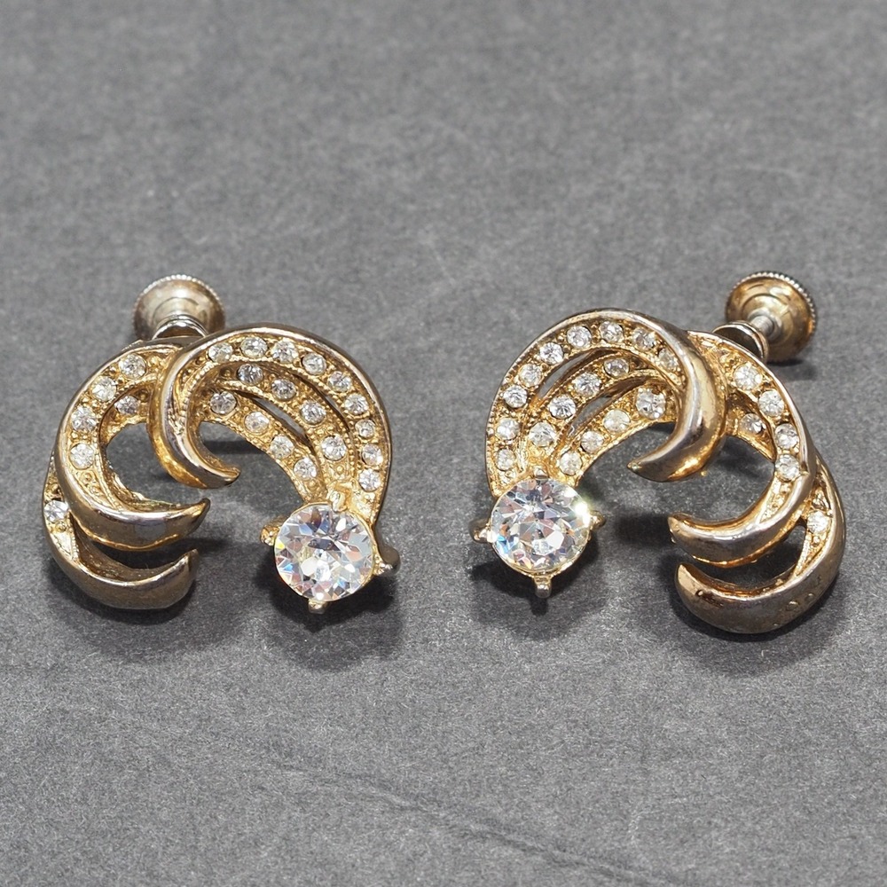 Vintage Coro Earrings Rhinestone Swirl Wave Drop Gold Tone Screw Back Regency